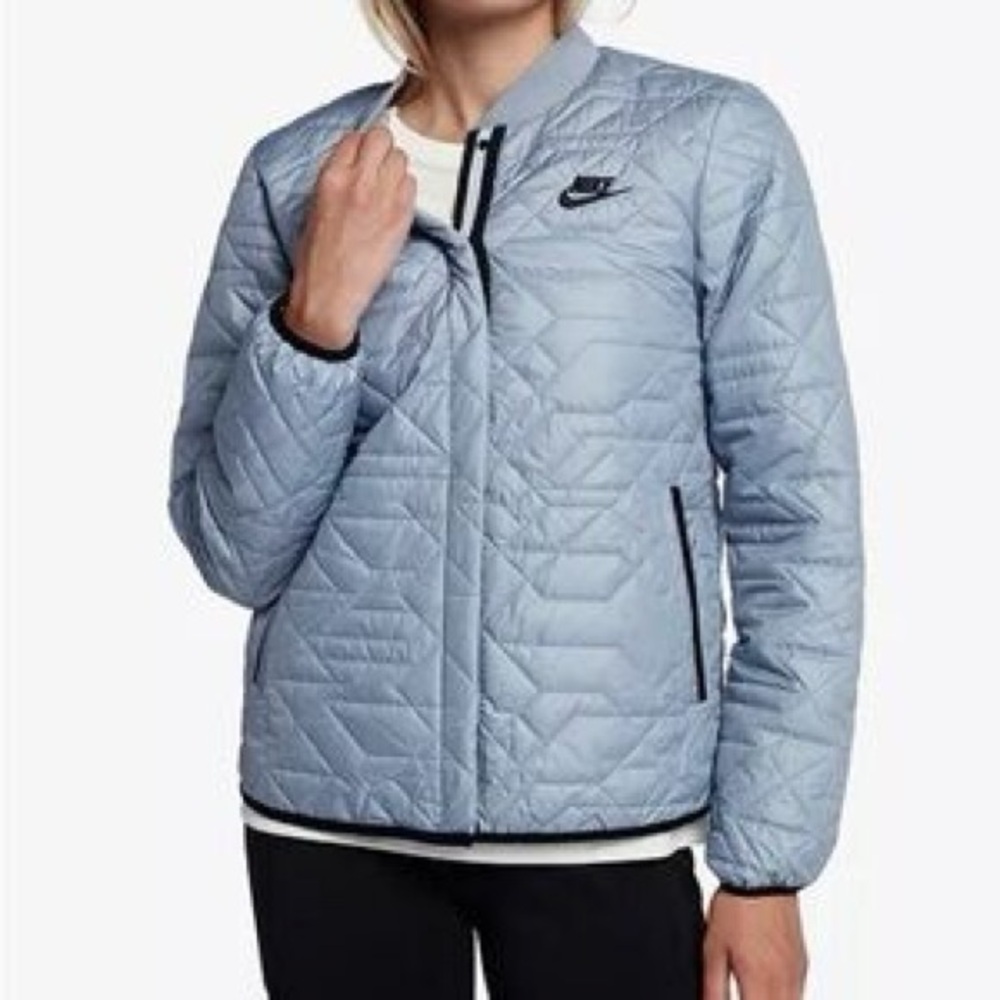 Nike Quilted Primaloft Snap Front Puffer Jacket in Glacier Grey